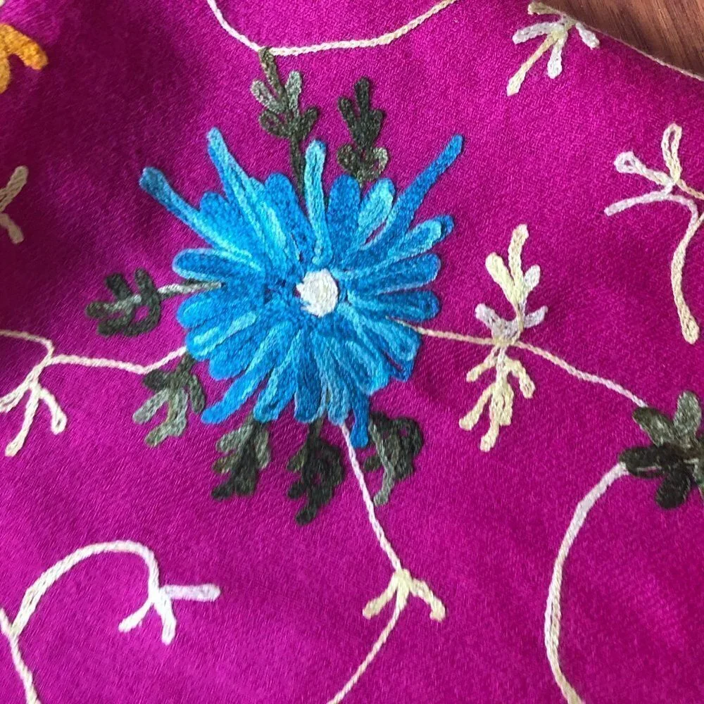 Floral Fuchsia Pink Crewel Embroidered Wool Fringed Shawl Wrap Scarf 90